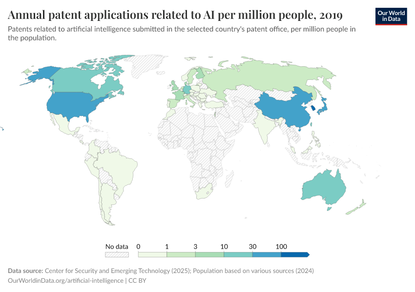 A thumbnail of the "Annual patent applications related to AI per million people" chart